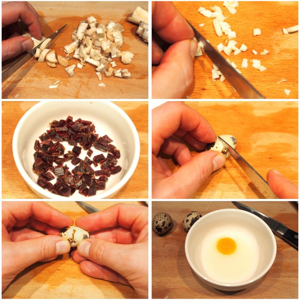Champiñones rellenos de huevo de codorniz y jamón - Paso 2